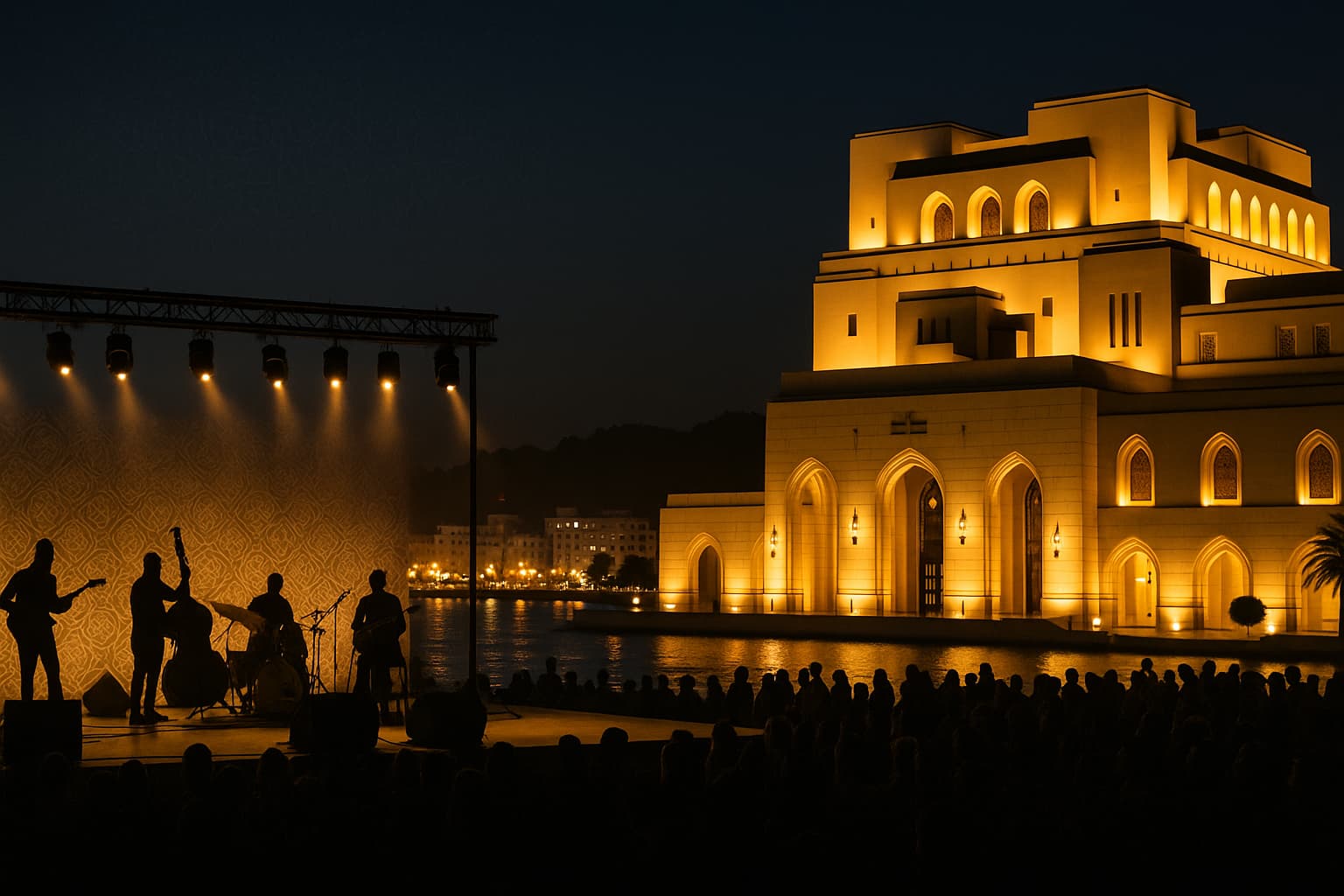 Night concert scene in Muscat with venue lights and coastline